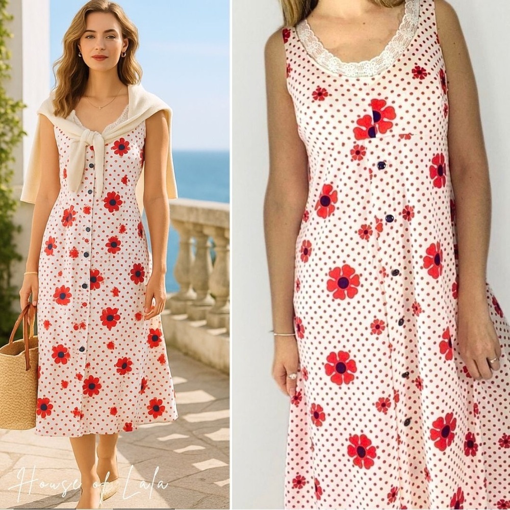 60s 70s floral polka dot red and white summer dress